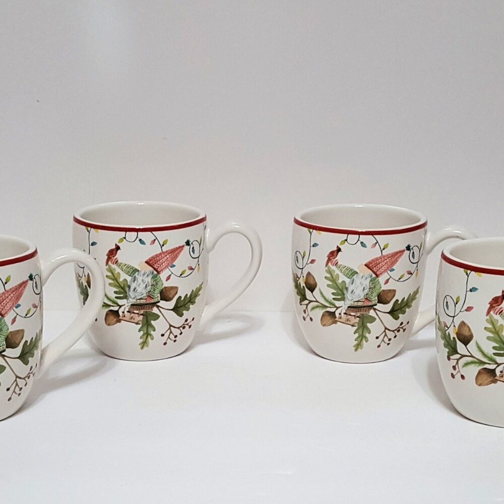 NEW RARE Pottery Barn Set of 4 Forest Gnome Christmas Mugs 22 OZ Stoneware